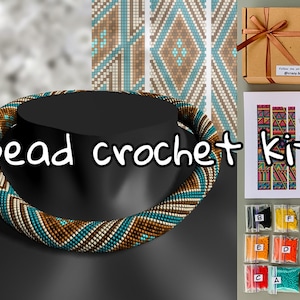 DIY KIT Bead Crochet blue brown geometric rhombus necklace pattern, Jewelry making KIT, charm elegant Rope Jewelry Beadweaving Crafter Gift