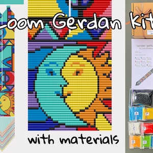 Op de afbeelding: Een kleurrijke loom gerdan kit met materialen. Het ontwerp toont een zon- en maanmotief. De kit bevat kralen, naalden en een patroon. De tekst op de afbeelding luidt "Loom Gerdan kit" en "with materials".
