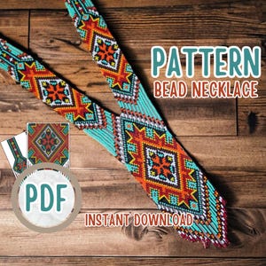 May include: A PDF pattern for a beaded necklace with a geometric design in turquoise, orange, red, yellow, and black. The pattern is available for instant download.