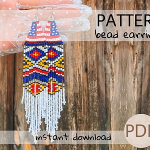 May include: A beaded earring pattern featuring a colorful geometric design with white fringe. The pattern is available as an instant PDF download. The text "PATTERN bead earrings" and "PDF" are visible in the image.