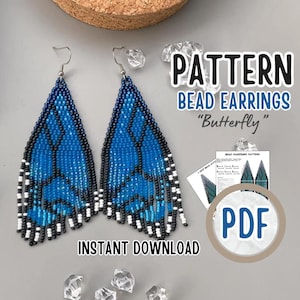 Patrón de descarga digital en PDF, patrón de alas de mariposa azul, patrón de pendientes con flecos, patrón de pendientes con punto ladrillo, patrón de cuentas de semillas en PDF.