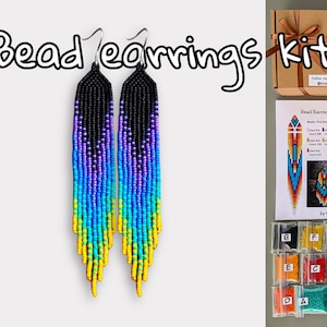 DIY Kit blue yellow beaded seeds earrings, Gradient Ombre earrings pattern, Fringed Long earrings, Boho Cute earrings kit, Gifts for her