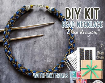KIT to Make Bead Crochet Azure blue dragon skin necklace + bracelet - Jewelry making Adult Craft - diy Rope Jewelry Beadweaving Crafter Gift