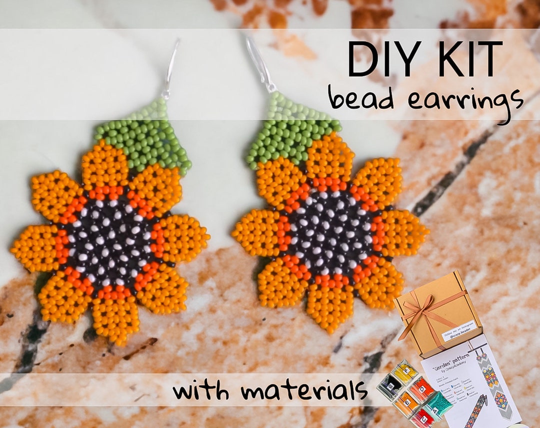 DIY Kit Sunflower Earring Making Orange Flower Bead Huichol Etsy
