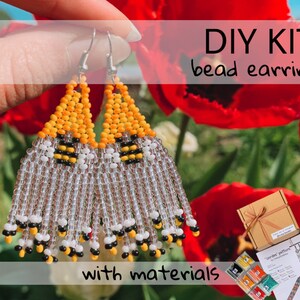 DIY Kit Honey Boho bee Earrings, Bee Bead Fringe earrings pattern, Spring Bees bead kit, beadwork Native Brick stitch Earring making Craft