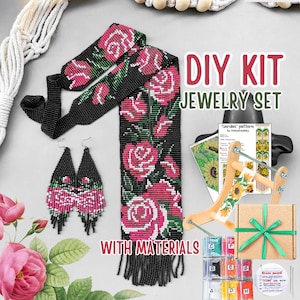 May include: DIY kit for making a beaded jewelry set with a black beaded necklace and earrings with pink and white roses. The kit includes all the materials needed, including beads, thread, and a loom. The kit also includes a pattern for the necklace and earrings.