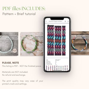 May include: Image showcasing PDF files for bead crochet necklace patterns. The image includes a smartphone displaying a colorful geometric design, along with examples of finished necklaces and text: "Pattern + Brief tutorial".