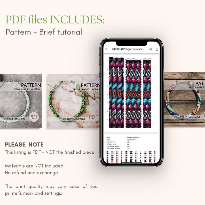 May include: Image showcasing PDF files for bead crochet necklace patterns. The image includes a smartphone displaying a colorful geometric design, along with examples of finished necklaces and text: "Pattern + Brief tutorial".