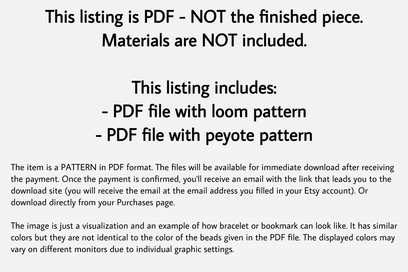 Może przedstawiać: To ogłoszenie dotyczy wzoru PDF, a nie gotowego produktu. Materiały nie są wliczone w cenę. To ogłoszenie zawiera plik PDF ze wzorem na krosna i plik PDF ze wzorem peyote.