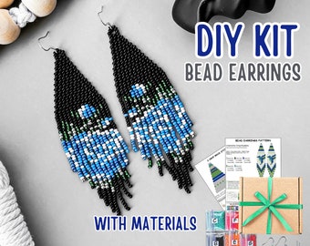 Kit de bricolaje con cuentas patrón de pendientes de flecos de flor azul, patrón de pendientes de rosa azul negro, tutorial fácil de fabricación de joyas de cuentas, regalo único