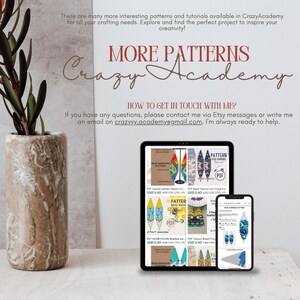 May include: A digital tablet screen displaying various beading patterns for sale. The patterns are for earrings, fringe, and other beading projects. The text on the screen reads "More Patterns Crazy Academy" and "How to get in touch with me?"