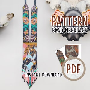 May include: A long, beaded necklace with a horse design. The necklace features a detailed pattern with a horse's head in the center, surrounded by floral and geometric patterns. The text "PATTERN BEAD NECKLACE" and "INSTANT DOWNLOAD" are also visible.