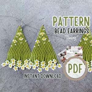 PDF Pattern Green Boho Daisy Fringe Beading Earrings - Boho flower Earrings Pattern - PDF digital pattern - Brick stitch tutorial