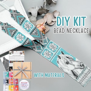May include: DIY bead necklace kit with materials. The necklace features a turquoise, black, white, and gray geometric pattern with a horse design. The kit includes beads, a box, and instructions.