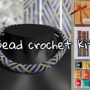 May include: A bead crochet kit featuring a blue and gold beaded necklace. The kit includes beads, needles, thread, and a pattern. The image also displays the text "Bead crochet kit".