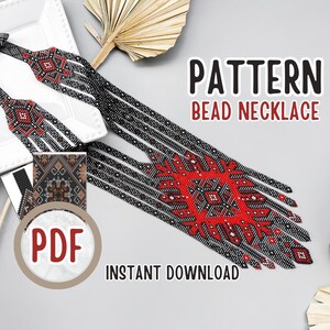 Pode incluir: Um padrão de colar de contas com um design geométrico em vermelho, preto e branco. A imagem inclui o texto "PATTERN BEAD NECKLACE" e "PDF INSTANT DOWNLOAD". O design do colar é exibido em uma superfície branca.