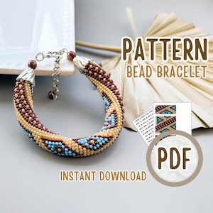 PDF Hippie style beige blue bracelet pattern, Geometric beige bead Crochet rope, jewelry making, bead crochet pattern, Beadweaving tutorial