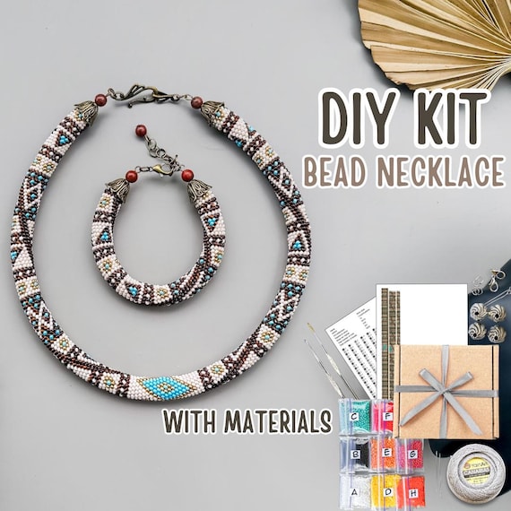 DIY KIT Boho Style Beige Necklace Pattern Geometric Beige Color