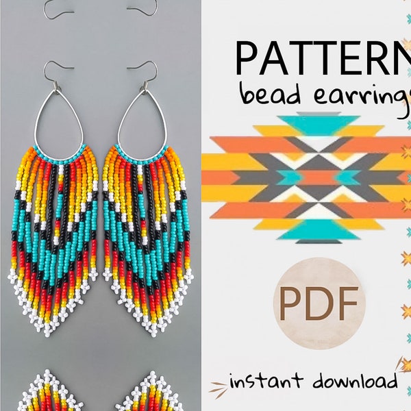 PDF Native american style Bead Fringe Earrings, colorful hoop Earrings Pattern, Earring making Craft pattern, Bead Brick stitch tutorial