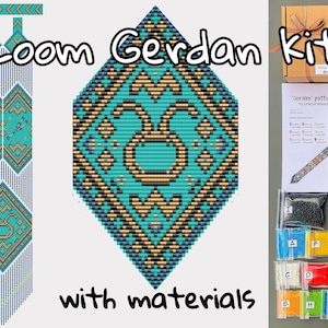 May include: A loom kit for making a beaded necklace with a geometric pattern. The kit includes beads in various colors, a loom, and instructions. The pattern is called "Gerdan" and is designed by CrazyBeadstory.