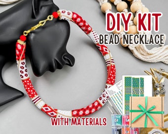 DIY rood witte kralen ketting Making Kit, unieke Craft Box Kit, leuke activiteit, Girls Date Night, gehaakt touw choker patroon, ambachtelijke leveringskit