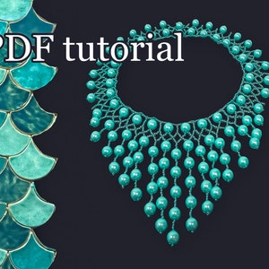 May include: A turquoise beaded necklace with a cascading fringe design. The necklace is made with small round beads and has a delicate, intricate pattern. The image includes the text "PDF tutorial".