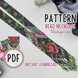 May include: A bead necklace pattern featuring a vintage rose design. The pattern is available as a digital download in PDF format.  The pattern includes instructions for creating a beaded necklace with a black and green color scheme.