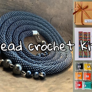 KIT to Make 150cm graphite Necklace, Bead Crochet rope pattern, craft supply jewelry making kit, diy black gray long seed bead lariat