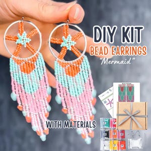 May include: DIY bead earring kit with materials, featuring a pair of turquoise, pink, and orange beaded earrings with a star charm. The kit includes a small box with beads, string, and earring hooks.