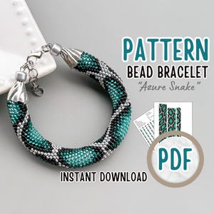 May include: A beaded bracelet with a snake pattern in teal, black, and silver. The bracelet is displayed on a white dish. Text on the image reads "PATTERN BEAD BRACELET 'Azure Snake'" and "INSTANT DOWNLOAD" with a PDF icon.