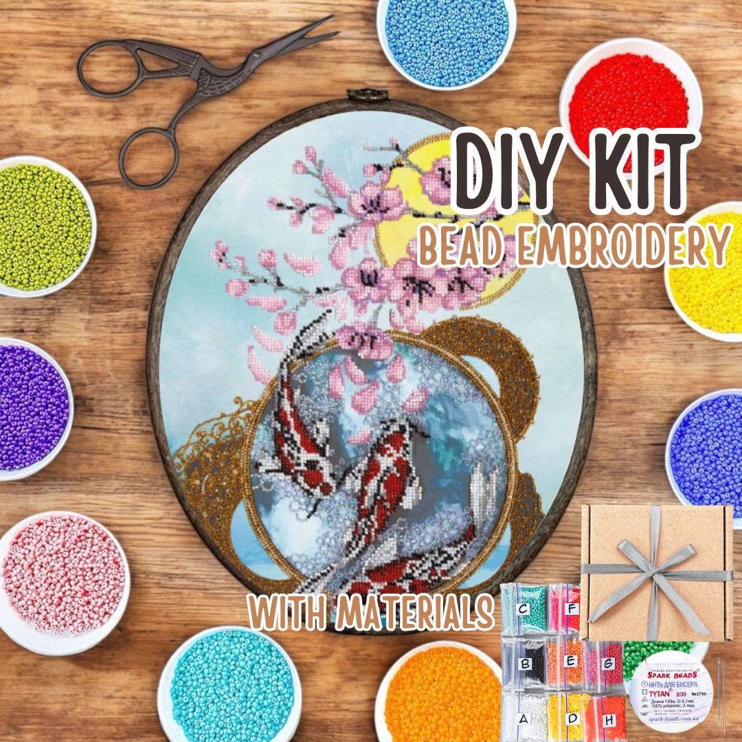 DIY Bead Koi Fish Embroidery Kit, Japan Sakura Hoop Embroidery Kit, DIY ...