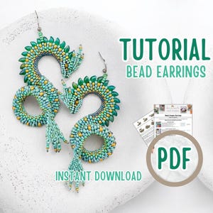 May include: A pair of teal, green, and gold beaded dragon earrings. The earrings are in the shape of a dragon, with a curled body and a beaded tail. The image also includes the text "Tutorial Bead Earrings" and "Instant Download".