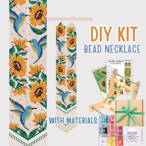 DIY Sunflower colibri Beaded Loom Necklace Kit, Bead Hummingbird Weaving Kit, Loom Jewelry Making Kit for Adult, Flower Beading pattern