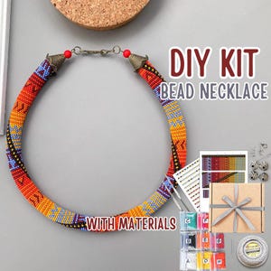 DIY KIT African native patchwork Necklace - bead colorful Crochet necklace pattern - craft supply kit - bead crochet necklace making kit
