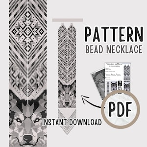 May include: A digital download pattern for a beaded necklace featuring a wolf design. The pattern is in black and white and includes instructions for creating the necklace. The text "Gerdan pattern by CrazyAcademy" is visible in the image.