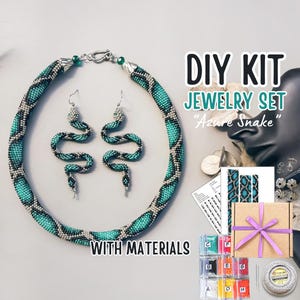 KIT to Make Bead Crochet Azure blue snake necklace and earrings - Jewelry making Adult Craft - diy Rope Jewelry Beadweaving Crafter Gift