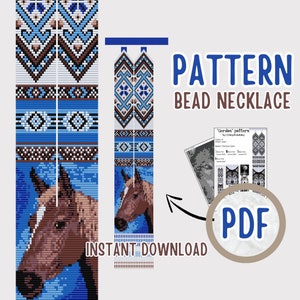 May include: A digital download pattern for a beaded necklace featuring a horse design. The pattern is in black and white and includes instructions for creating the necklace. The pattern is called "Gerdan" and is by Crazyńcademy.