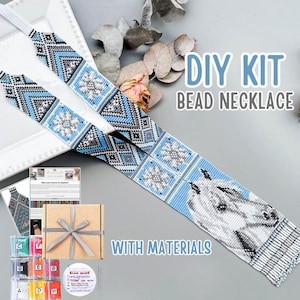 May include: A DIY bead necklace kit with materials. The necklace features a geometric pattern in shades of blue, white, and black, with a horse design. The kit includes beads, a box, and instructions. The text "DIY KIT BEAD NECKLACE WITH MATERIALS" is visible.