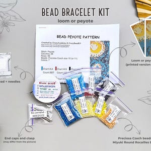 May include: A bead bracelet kit with instructions, beads, thread, needles, end caps, and a clasp. The kit includes a printed pattern and a PDF tutorial for making a bracelet using the loom or peyote stitch.