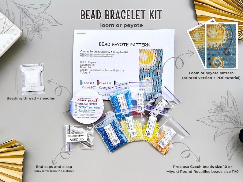 May include: A bead bracelet kit with instructions, beads, thread, needles, end caps, and a clasp. The kit includes a printed pattern and a PDF tutorial for making a bracelet using the loom or peyote stitch.