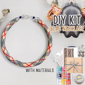 Amerikanskt beige geometriskt halsband - KIT för att göra pärlvirkat rep - pysselmaterialkit - pärlvirkmönster - gör-det-själv smyckestillverkning