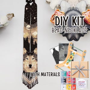 May include: A DIY bead necklace kit with materials. The beaded necklace features a wolf design with a night sky and forest scene. The kit includes beads, a loom, and instructions. The text "DIY KIT BEAD NECKLACE WITH MATERIALS" is visible.