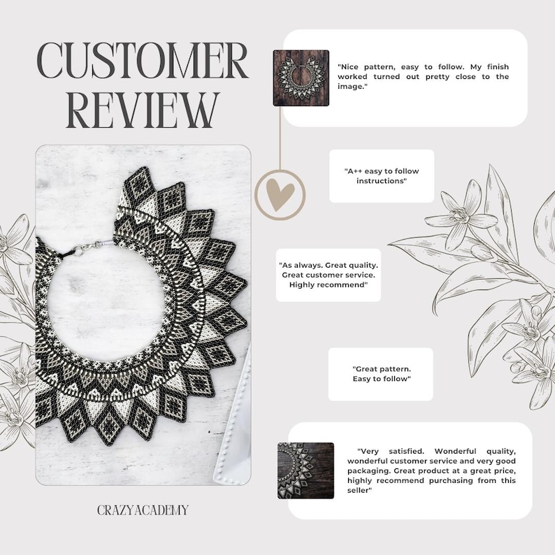 May include: Customer reviews for a black and white beaded necklace with a geometric pattern. The necklace is displayed on a white surface. The reviews highlight the quality of the product, the customer service, and the ease of following the instructions.