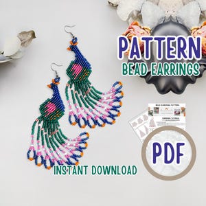 Patrón de pendientes de pavo real con flecos y cuentas (PDF), patrón de pendientes de pájaro azul con cuentas de semillas, patrón digital (PDF) de tejido de cuentas, tutorial de punto ladrillo