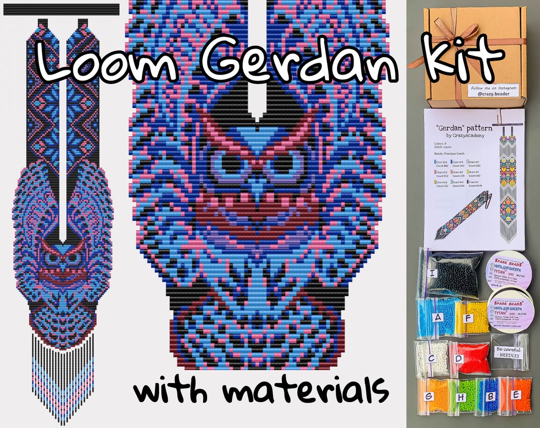 Kit to Make Neon Blue Bird Owl Geometric Gerdan Fringe, Seed Bead Woven