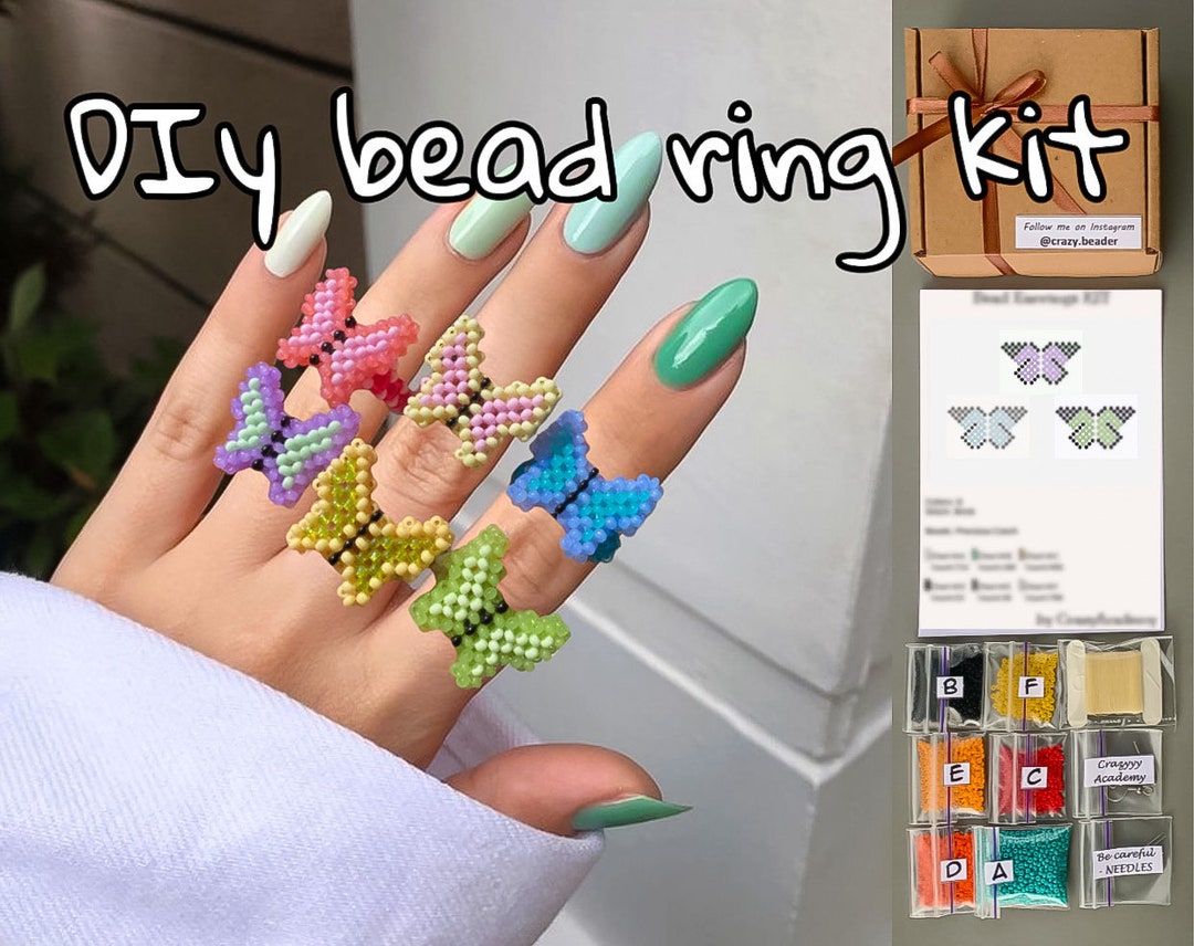 DIY Kit 6pcs Butterfly Rings, Handmade Beaded Colorful Butterfly
