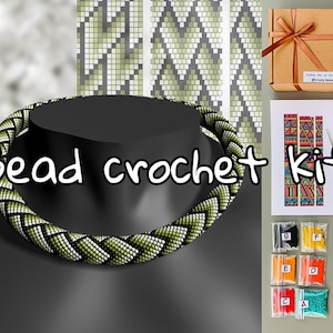 May include: A bead crochet kit with green, white, and black beads. The kit includes instructions, beads, needles, and a finished necklace example.  Follow me on Instagram @crazy_beader.