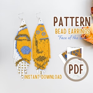 May include: A pair of beaded earrings with a yellow and white design, featuring blue accents. The earrings are in a fringe style, with the text "PATTERN BEAD EARRINGS" and "INSTANT DOWNLOAD" visible. The design is called "Face of the sun".