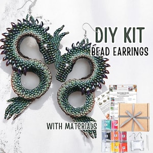 May include: A DIY kit for making beaded dragon earrings. The earrings are green and brown with a dragon design. The kit includes beads, instructions, and other materials. Text on the image says "DIY Kit Bead Earrings With Materials."