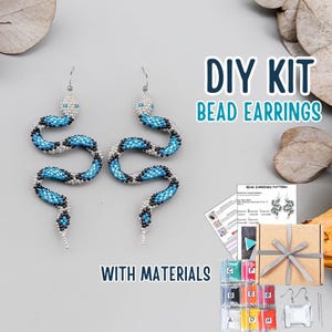 DIY Silver Blue Snake Bead Earrings Kit, Ice Blue Reptile Skin Design, Seed Bead Jewelry Making Tutorial, Craft Gift for Adults